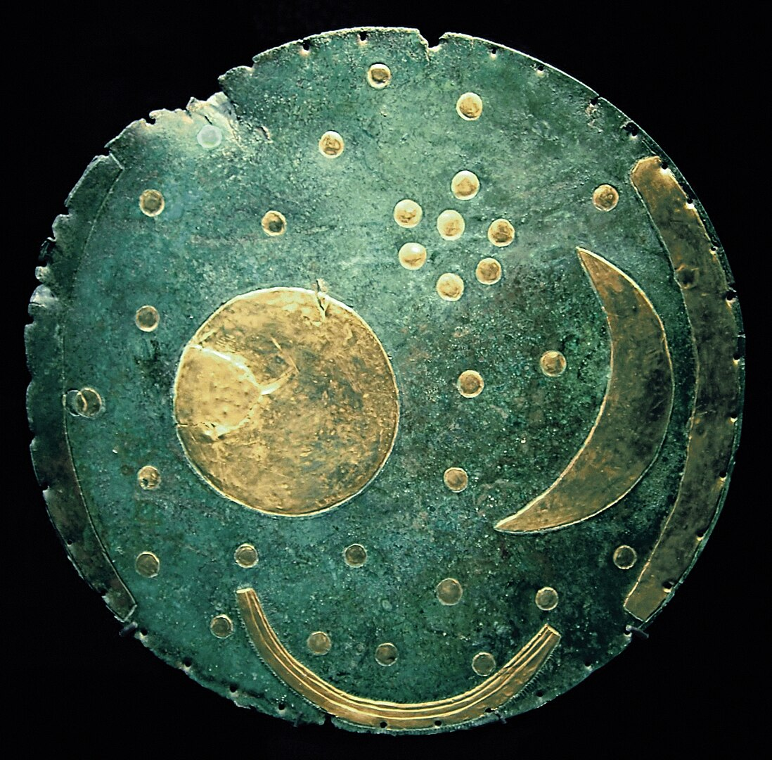 The Nebra Sky Disk, 3,600 years old is thought to depict the Pleiades with the cluster of seven stars, showing the hold the cluster had on humanity that far back. The Nebra Sky Disk, 3,600 years old is thought to depict the Pleiades with the cluster of seven stars, showing the hold the cluster had on humanity that far back.