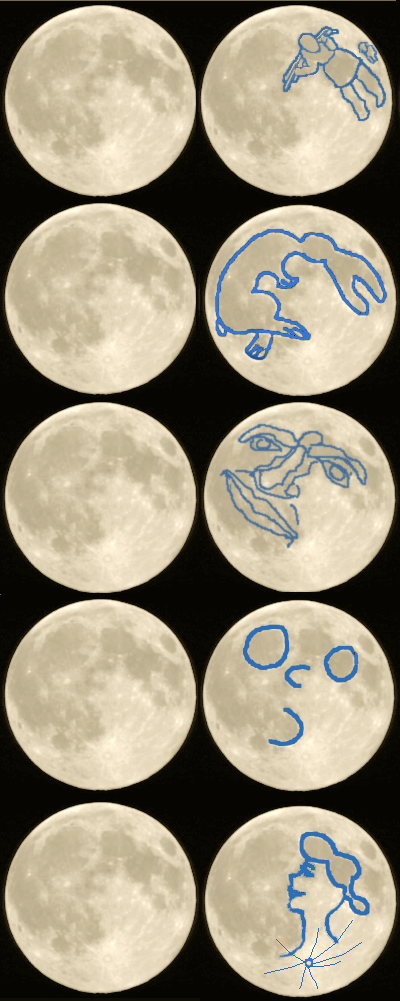 10 photos of the moon in pairs. On the left side the fullm moon and on the right side an annotated version with what people have seen. In order, a wood cutter, a rabbit, a detailed face, a not details face, and a woman