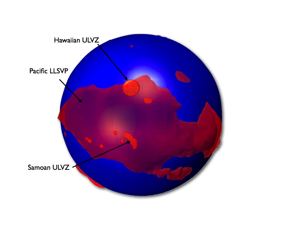 Cartoon of structures on the core of the Earth (blue). The transparent red structure is the Pacific Large Low Shear Velocity Province. The smaller, thinner, red structure are Ultra Low Velocity Zones. Arrows point at the Hawaiian and Samoan Zones, which are the two largest mapped (so far).