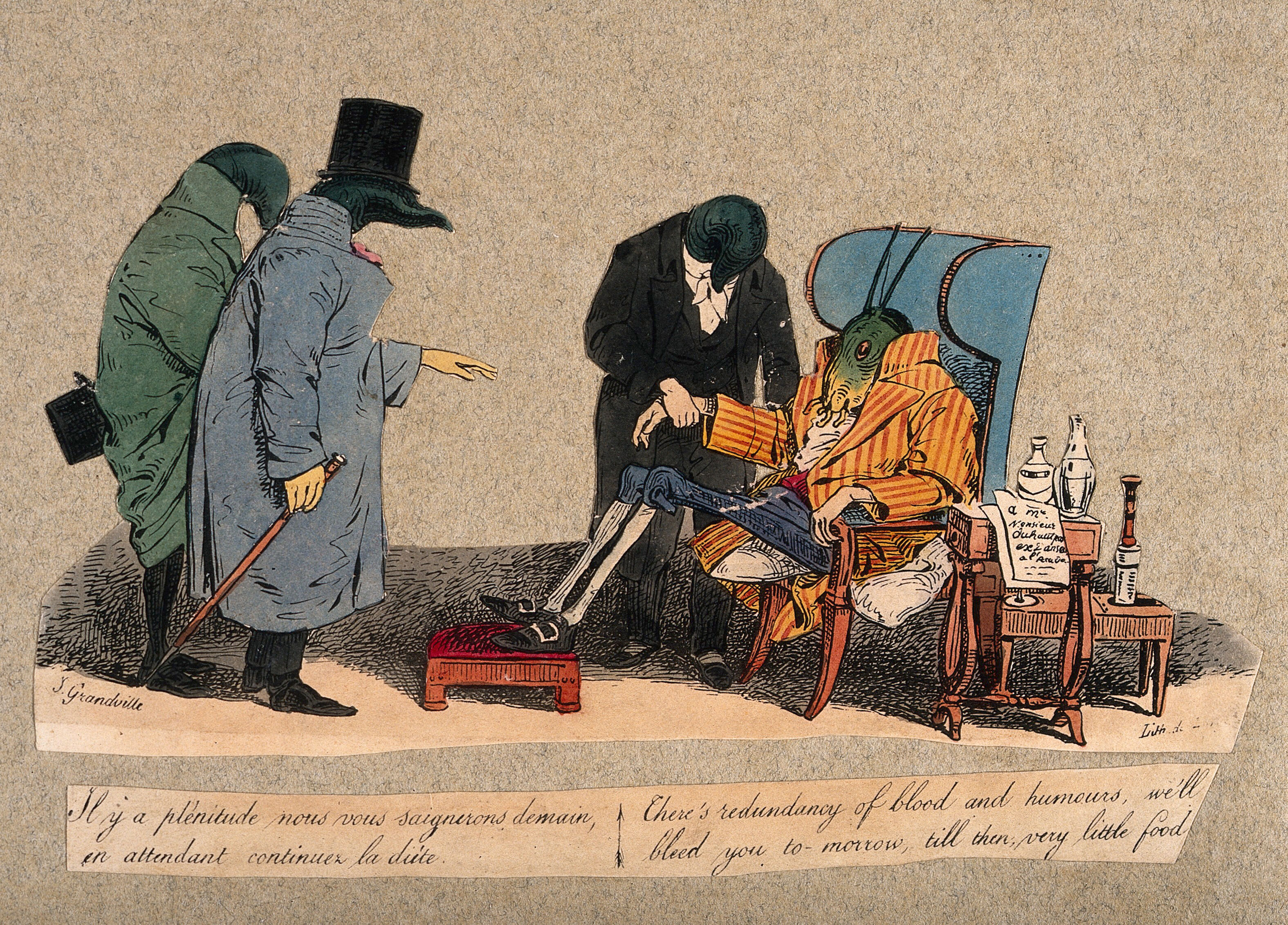 A 18th century colored lithograph showing three leeches dressed as doctors examining a cricket sitting in a wing back chair. One of the leech doctors is checking the pulse of the cricket, while the other two watch on. The leech is saying