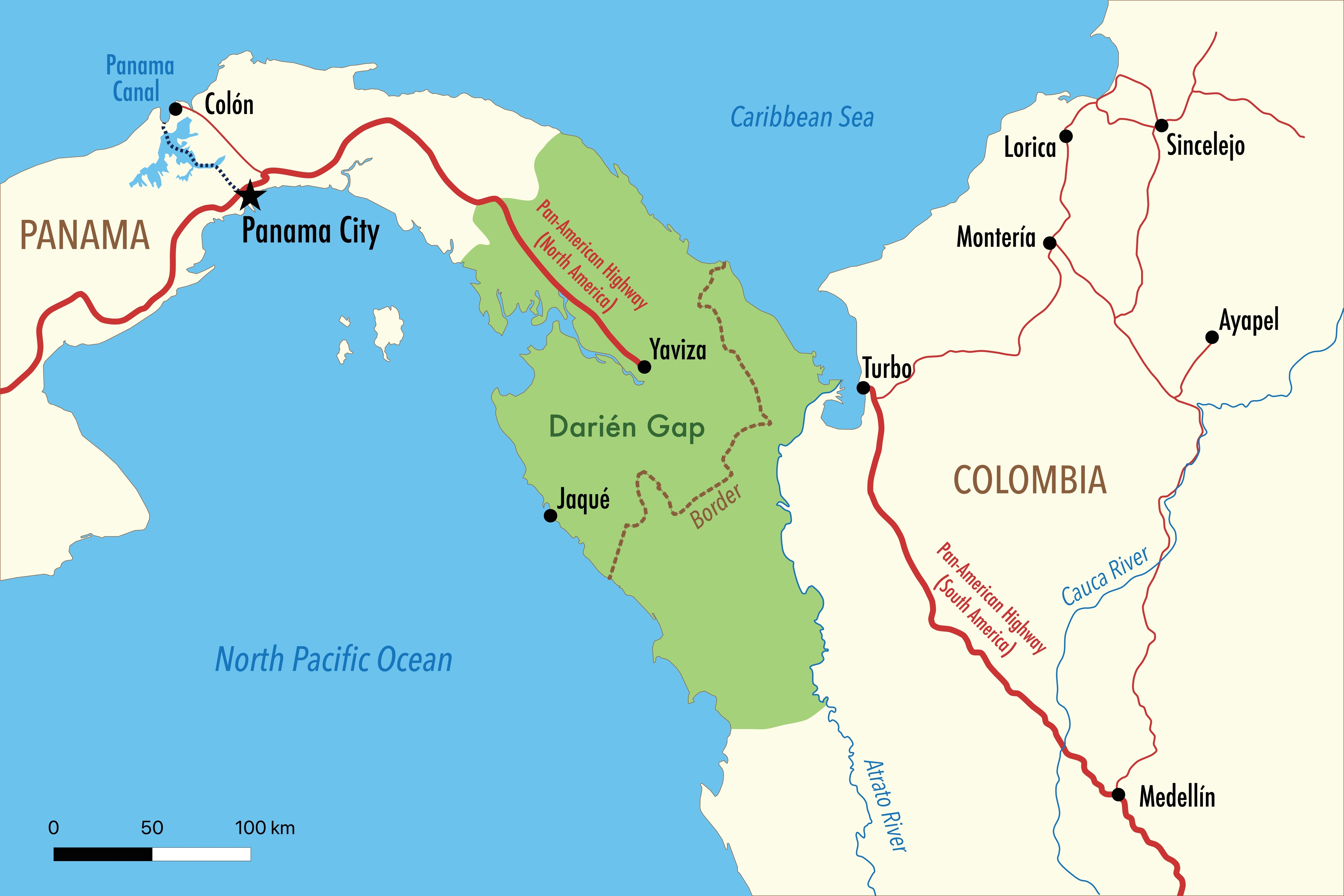A map showing the Darién Gap between Panama and Colombia, showing the Break in the Pan-American Highway
