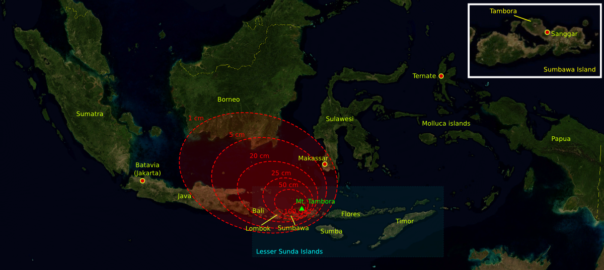 Map showing the estimated ash fall from the 1815 Mount Tambora eruption, with the thickness of the ash indicated in red.