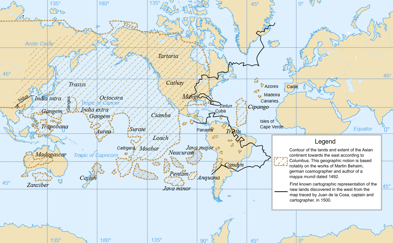 Comparison of coastal outlines on maps of Juan de la Cosa (black line) and Martin Behaim  (light dotted line) with the true coastline.