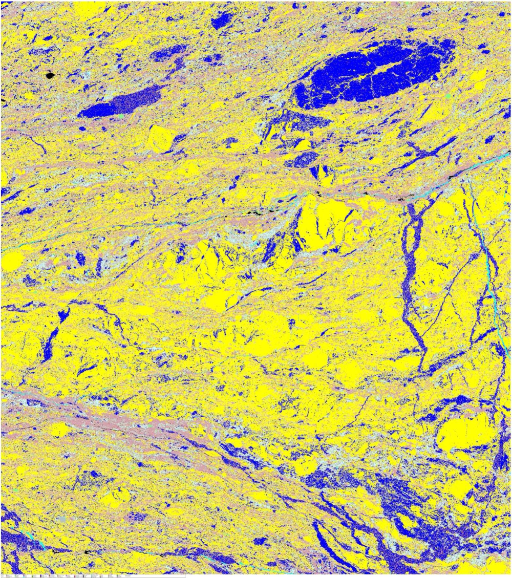 Mineral map image of Great Glen Fault rock generated using a scanning electron microscope Mineral map image of Great Glen Fault rock generated using a scanning electron microscope