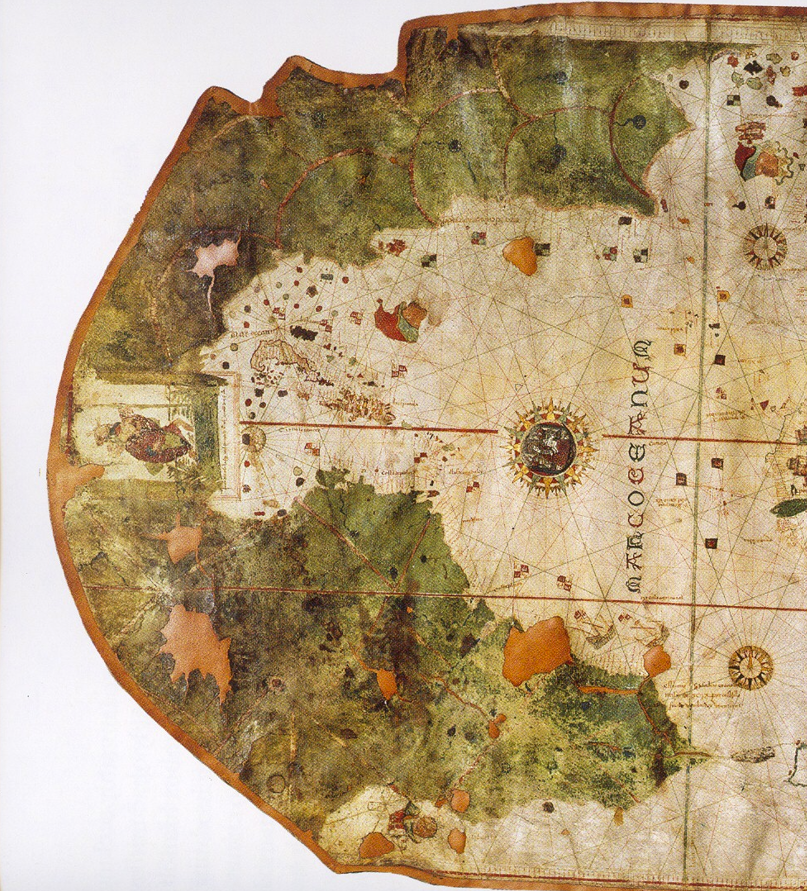 A close-up of Juan de la Cosa's 1500 world map showing the bit that depict the Americas.